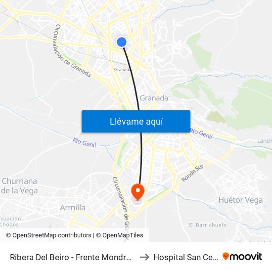 Ribera Del Beiro - Frente Mondragones to Hospital San Cecilio map