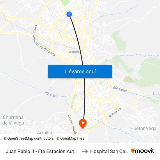 Juan Pablo II - Fte Estación Autobuses to Hospital San Cecilio map