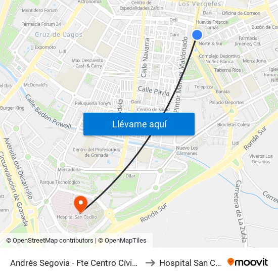 Andrés Segovia - Fte Centro Cívico Zaidín to Hospital San Cecilio map