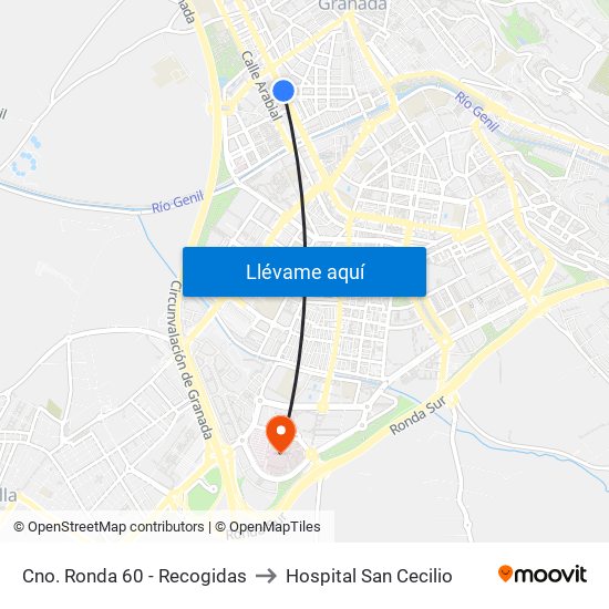 Cno. Ronda 60 - Recogidas to Hospital San Cecilio map