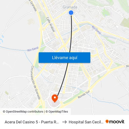 Acera Del Casino 5 - Puerta Real to Hospital San Cecilio map