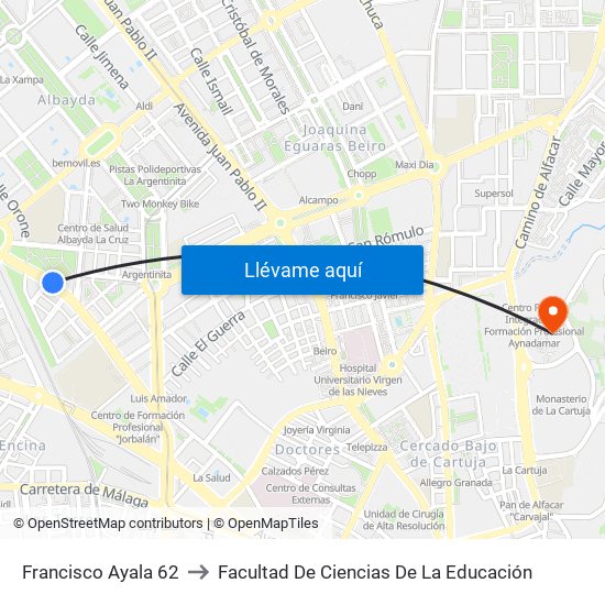 Francisco Ayala 62 to Facultad De Ciencias De La Educación map
