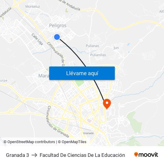 Granada 3 to Facultad De Ciencias De La Educación map