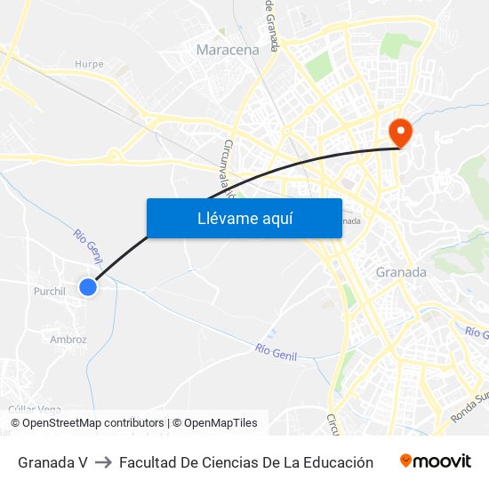 Granada V to Facultad De Ciencias De La Educación map