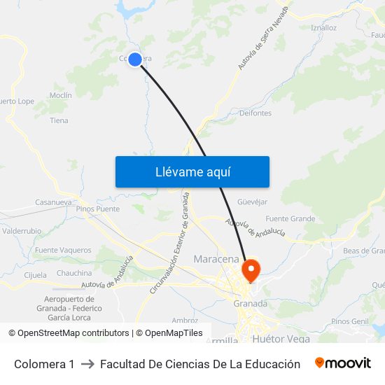 Colomera 1 to Facultad De Ciencias De La Educación map