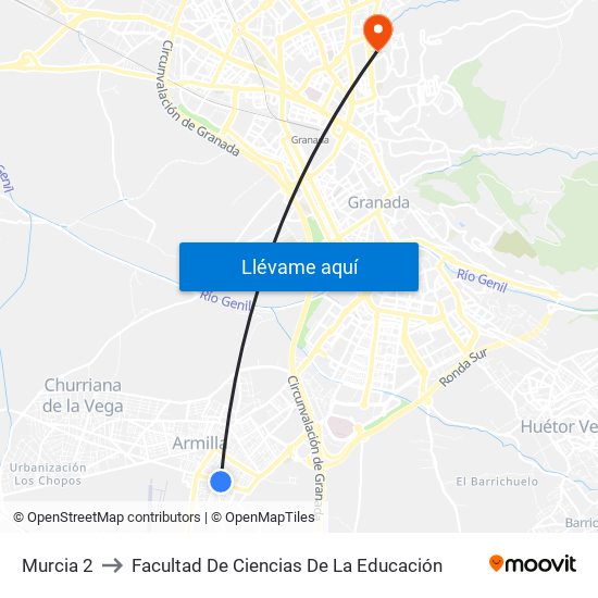 Murcia 2 to Facultad De Ciencias De La Educación map