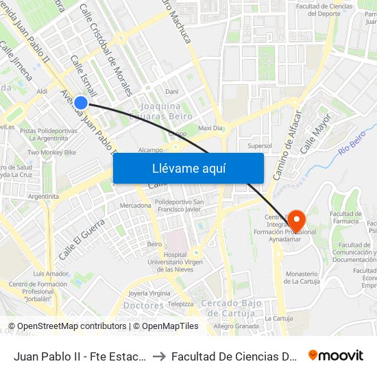 Juan Pablo II - Fte Estación Autobuses to Facultad De Ciencias De La Educación map