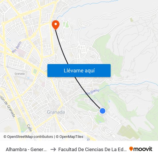 Alhambra - Generalife 2 to Facultad De Ciencias De La Educación map