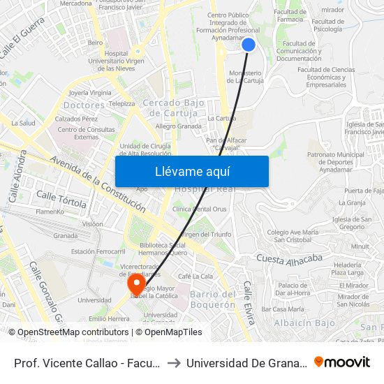 Prof. Vicente Callao - Facultad Ciencias Educación to Universidad De Granada - Campus Centro map