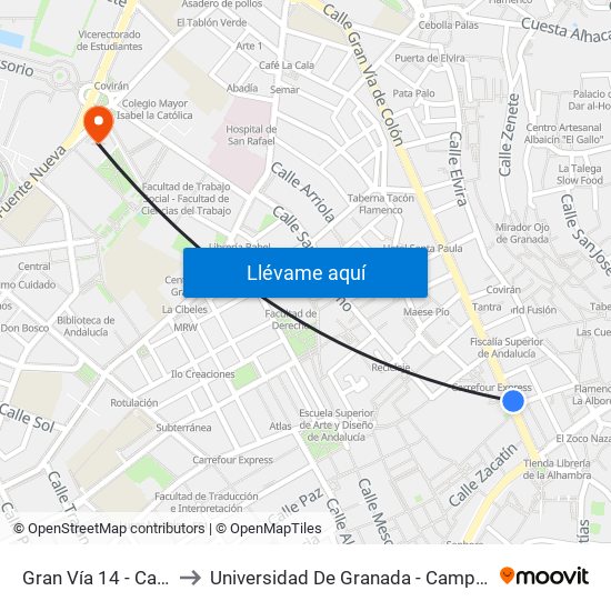 Gran Vía 14 - Catedral to Universidad De Granada - Campus Centro map