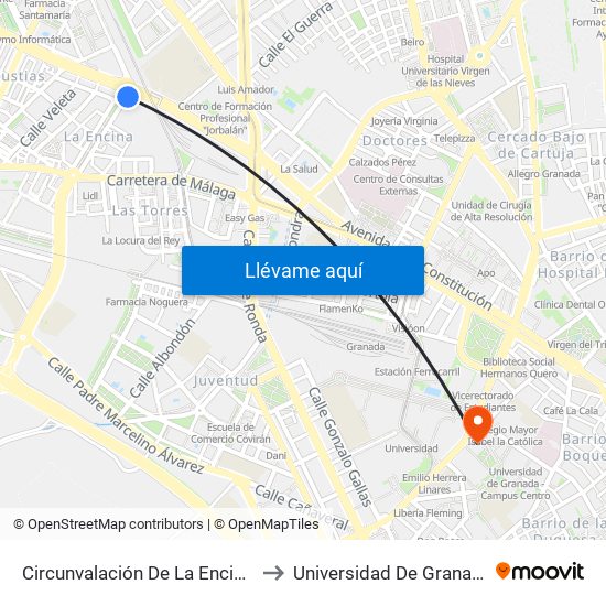 Circunvalación De La Encina - Parque La Rosaleda to Universidad De Granada - Campus Centro map