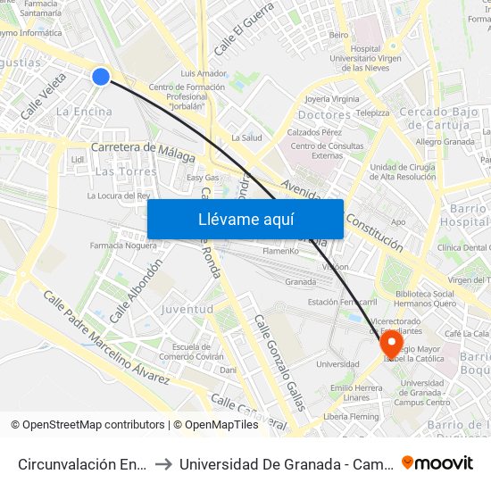 Circunvalación Encina 23 to Universidad De Granada - Campus Centro map