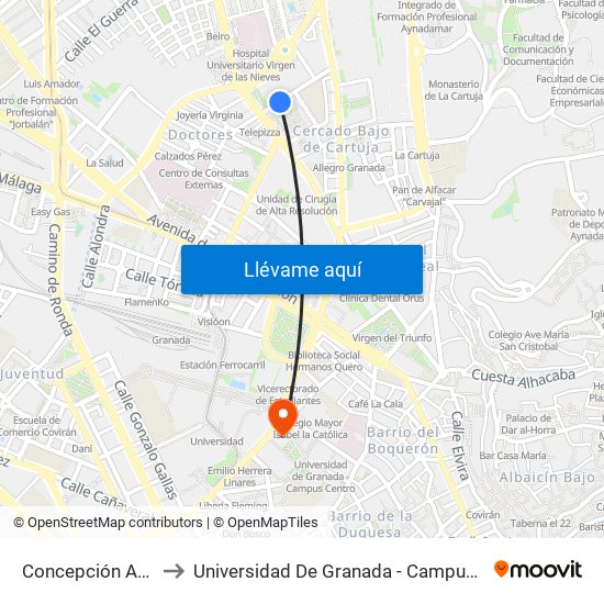 Concepción Arenal to Universidad De Granada - Campus Centro map