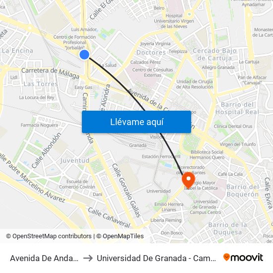 Avenida De Andalucía 1 to Universidad De Granada - Campus Centro map