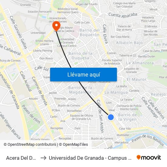 Acera Del Darro to Universidad De Granada - Campus Centro map