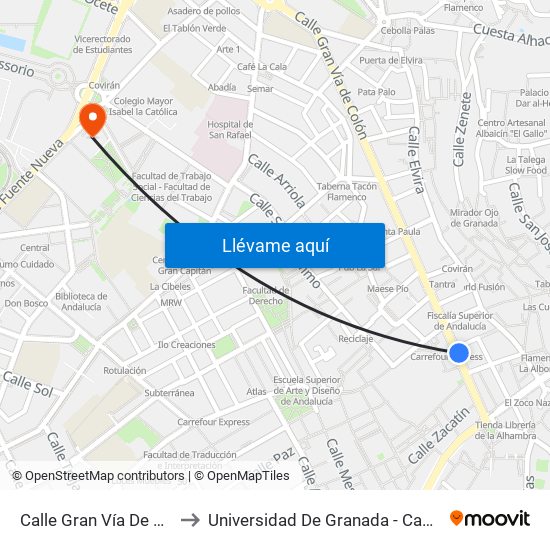Calle Gran Vía De Colón, 12 to Universidad De Granada - Campus Centro map