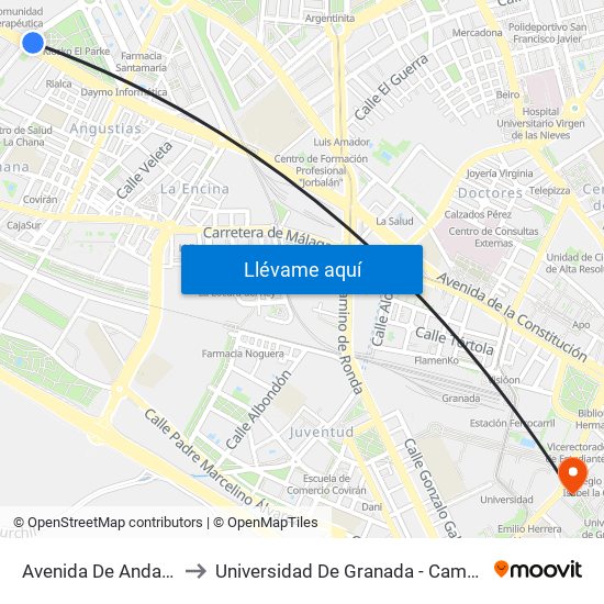 Avenida De Andalucía, 4 to Universidad De Granada - Campus Centro map