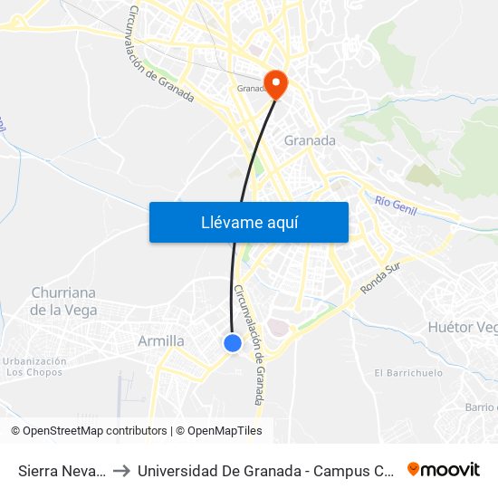 Sierra Nevada to Universidad De Granada - Campus Centro map