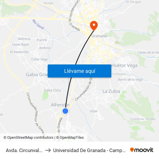 Avda. Circunvalación to Universidad De Granada - Campus Centro map