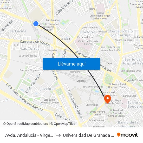 Avda. Andalucia - Virgen De Las Nieves to Universidad De Granada - Campus Centro map