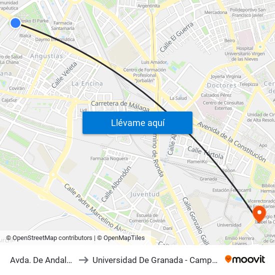 Avda. De Andalucía 4 to Universidad De Granada - Campus Centro map
