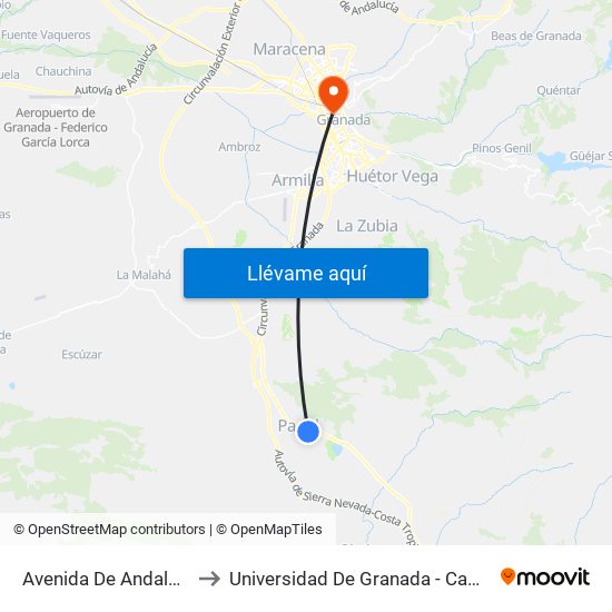 Avenida De Andalucía, 174 to Universidad De Granada - Campus Centro map