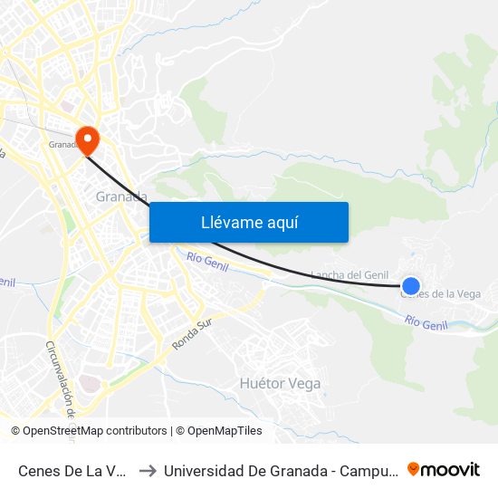 Cenes De La Vega 5 to Universidad De Granada - Campus Centro map