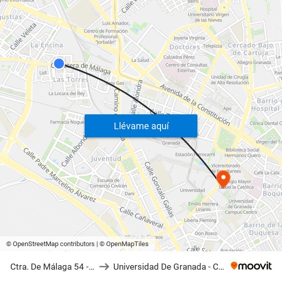 Ctra. De Málaga 54 - Fte Torres to Universidad De Granada - Campus Centro map