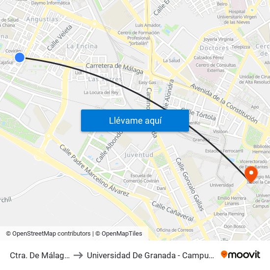 Ctra. De Málaga 88 to Universidad De Granada - Campus Centro map