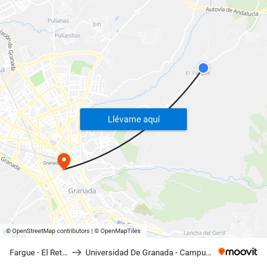 Fargue - El Retiro 1 to Universidad De Granada - Campus Centro map