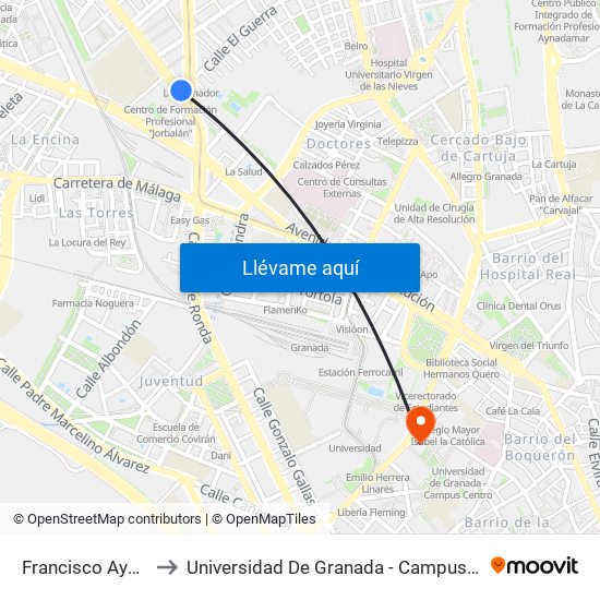 Francisco Ayala 2 to Universidad De Granada - Campus Centro map