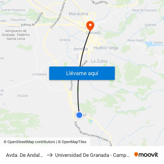 Avda. De Andalucía 1 to Universidad De Granada - Campus Centro map