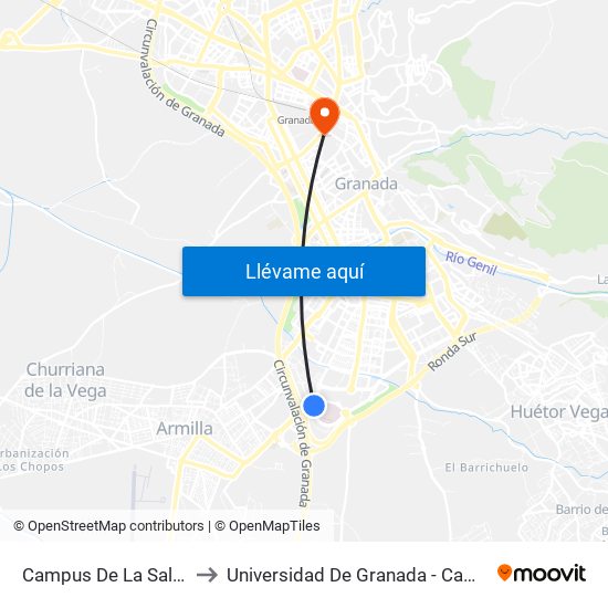 Campus De La Salud (Pts) to Universidad De Granada - Campus Centro map
