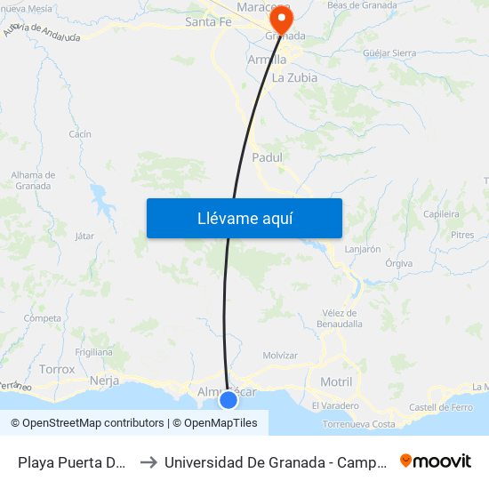 Playa Puerta Del Mar to Universidad De Granada - Campus Centro map