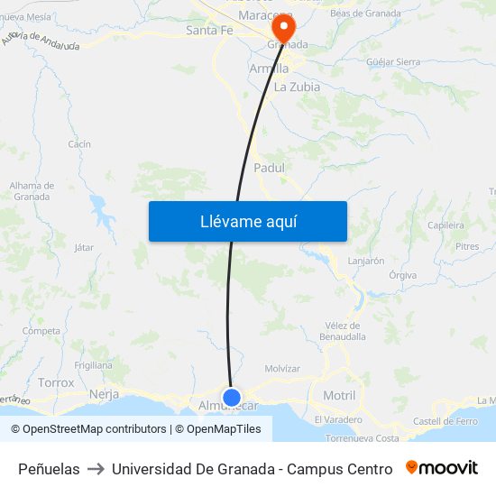 Peñuelas to Universidad De Granada - Campus Centro map