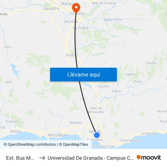 Est. Bus Motril to Universidad De Granada - Campus Centro map