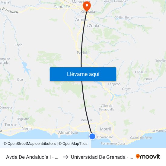 Avda De Andalucía I - Pan De Azúcar to Universidad De Granada - Campus Centro map