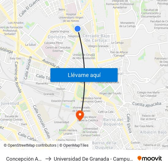 Concepción Arenal to Universidad De Granada - Campus Centro map