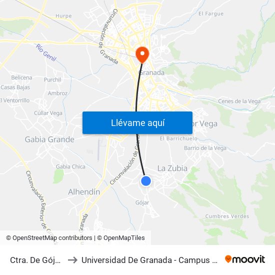 Ctra. De Gójar V to Universidad De Granada - Campus Centro map