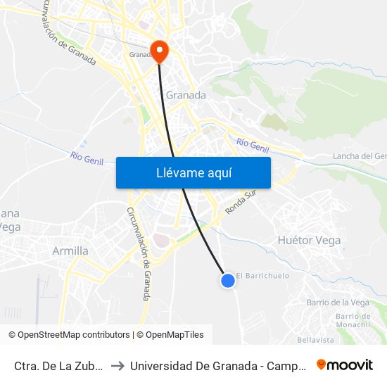 Ctra. De La Zubia 4 V to Universidad De Granada - Campus Centro map