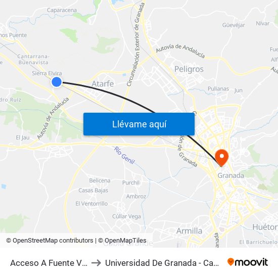 Acceso A Fuente Vaqueros to Universidad De Granada - Campus Centro map