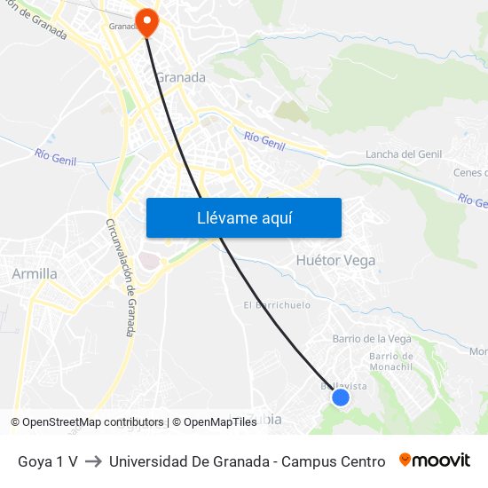 Goya 1 V to Universidad De Granada - Campus Centro map