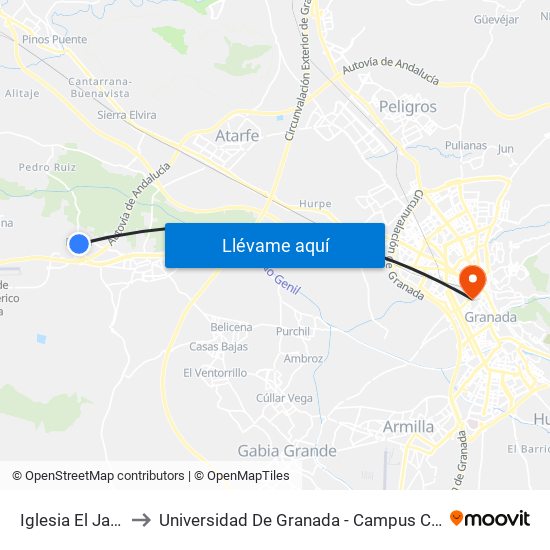 Iglesia El Jau V to Universidad De Granada - Campus Centro map