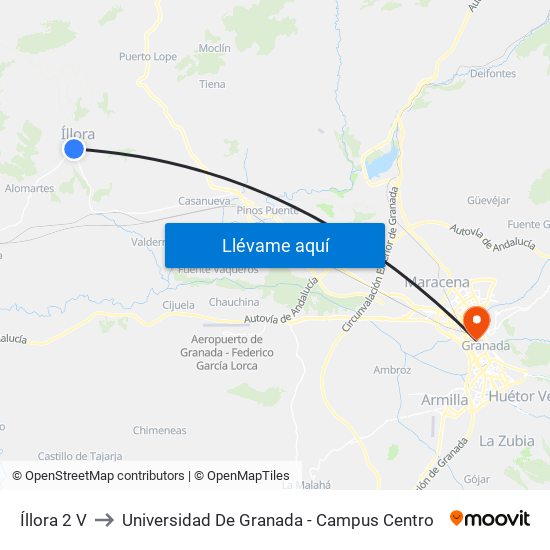 Íllora 2 V to Universidad De Granada - Campus Centro map