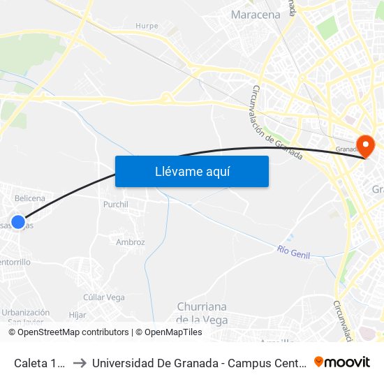 Caleta 1 V to Universidad De Granada - Campus Centro map