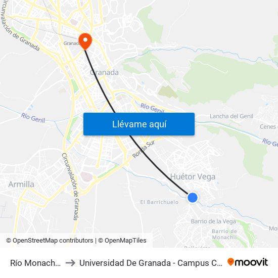 Río Monachil V to Universidad De Granada - Campus Centro map