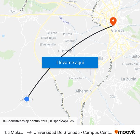 La Malahá to Universidad De Granada - Campus Centro map