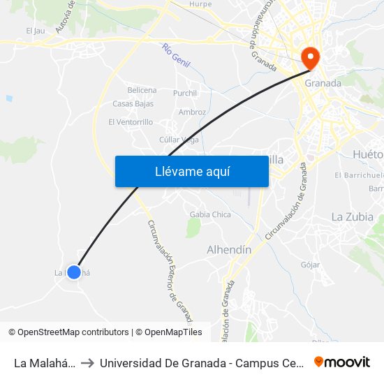 La Malahá V to Universidad De Granada - Campus Centro map