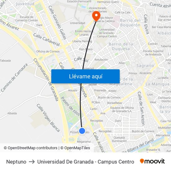 Neptuno to Universidad De Granada - Campus Centro map