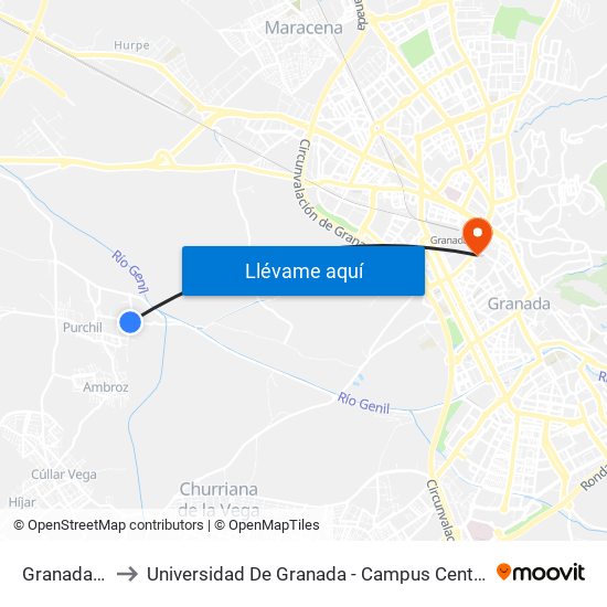 Granada V to Universidad De Granada - Campus Centro map